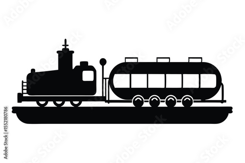 Silhouette Illustration of a Vintage Train Engine with a Tank Car on Tracks
