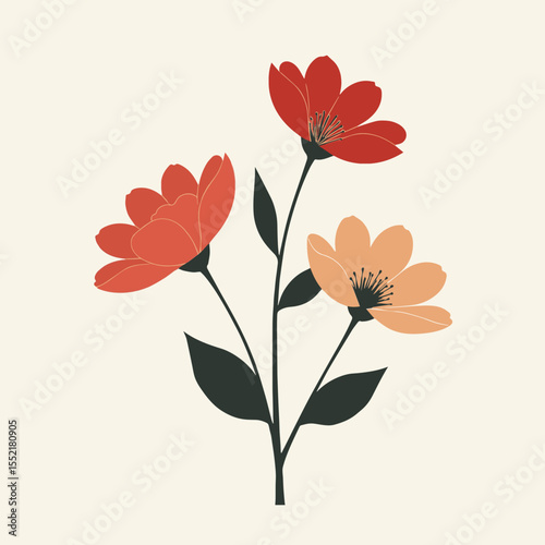Realistic flat orange yellow red flower stem on neutral background