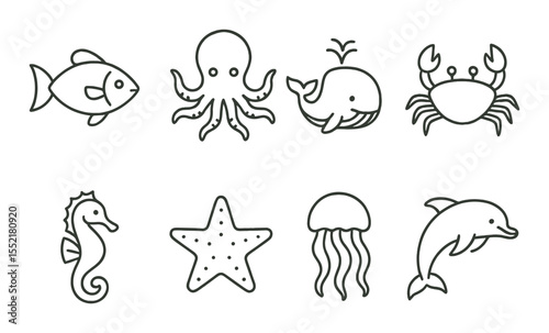 Marine life outline icons set – linear, ocean and aquatic creature symbols