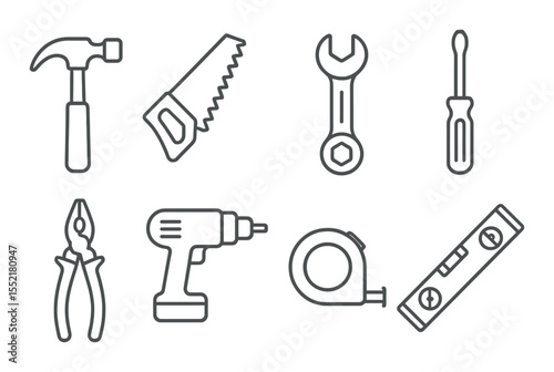 Construction tools icons set – linear, building and repair tool symbols