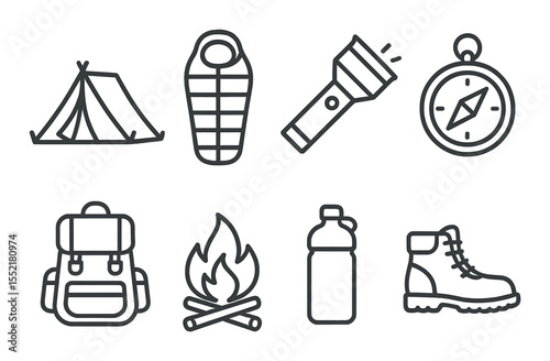 Camping essentials icons set – outline, outdoor, adventure symbols for explorers