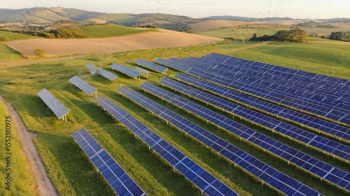 Rows of solar panels harness energy in a sprawling green landscape at golden hour