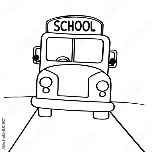 A simple black and white drawing of a school bus driving towards the viewer on a road