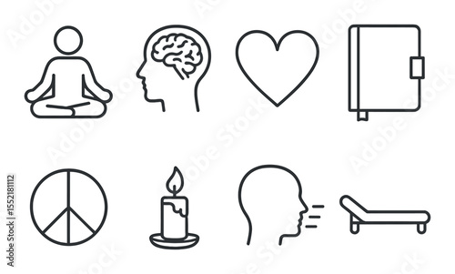 Mental wellness icons set – outline, mindfulness and self-care visual symbols