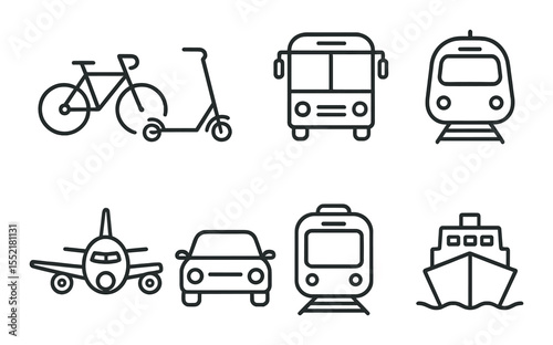 Transportation icons set – outline, simple commuting and travel symbols