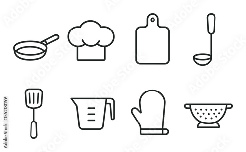 Kitchen essentials icons set – outline design, cooking and culinary symbols