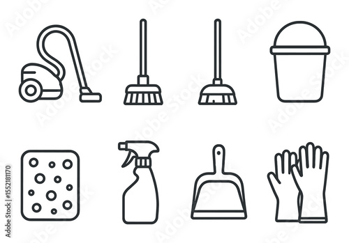 Home cleaning icons set in outline style – simple, household cleaning tools visuals
