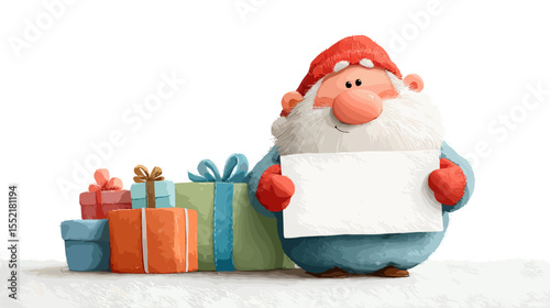 Festive Santa holding blank sign with colorful presents nearby  