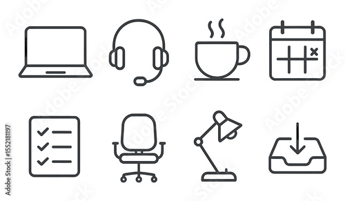 Remote work icons set – line, telecommuting, and digital workspace symbols