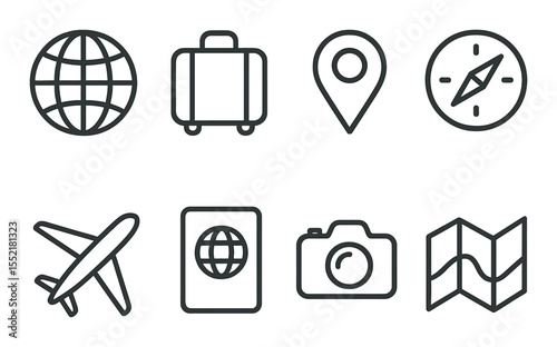 Travel and tourism icons set in outline – trip, vacation, journey symbols