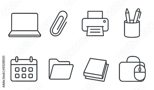 Office essentials icons set – outline style, stationery and workplace symbols