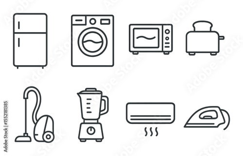 Home appliance icons set – outline, kitchen and household symbol collection