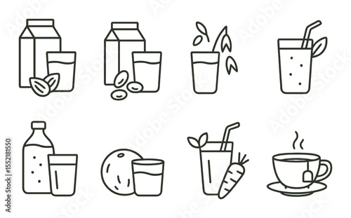 Plant-based drink icons set – outline, vegan and beverage design elements