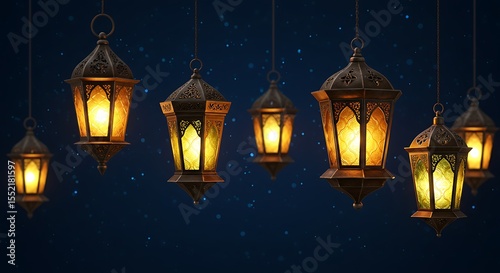 Glowing Lanterns Hanging Against a Night Sky Ramadan, Festive Lights, and Magical Atmosphere
