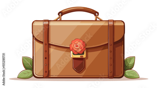 This tan leather briefcase gleams with a delicate rose gold clasp. Resting gently on a white canvas, it whispers of quiet luxury and timeless European craftsmanship.