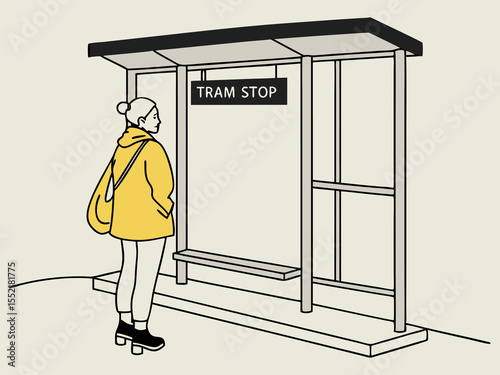 Urban scene featuring tram stop with standing passenger birds and minimalist beige background