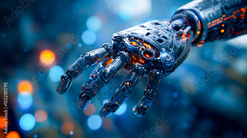 Futuristic robotic hand with city lights in the background