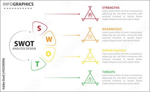 Clean and modern SWOT analysis infographic template. Editable design for presentations, business reports, or strategy plans. Highlights Strengths, Weaknesses, Opportunities, and Threats clearly.