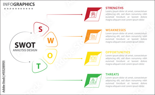 Clean and modern SWOT analysis infographic template. Editable design for presentations, business reports, or strategy plans. Highlights Strengths, Weaknesses, Opportunities, and Threats clearly.