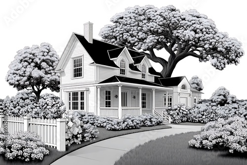 Ink landscape with cozy house high resolution picture