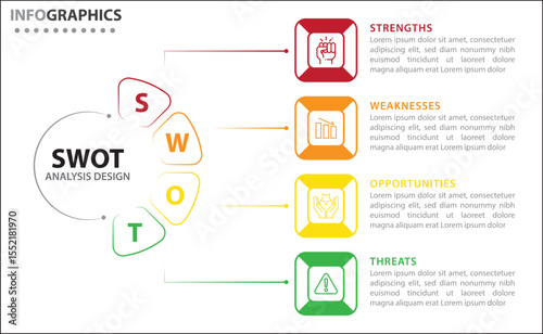 Clean and modern SWOT analysis infographic template. Editable design for presentations, business reports, or strategy plans. Highlights Strengths, Weaknesses, Opportunities, and Threats clearly.