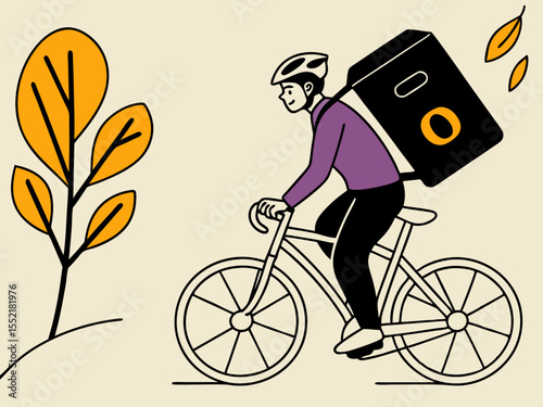 Young man riding bicycle with large delivery box wearing helmet in autumn park scene