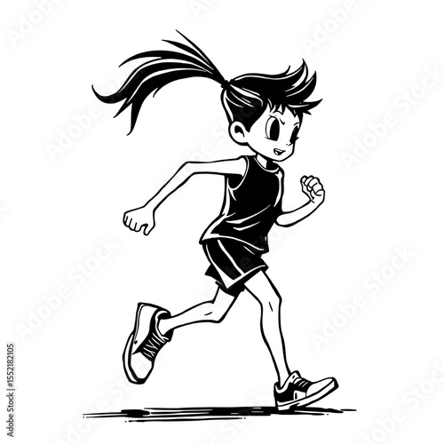 cartoon girl running in athletic outfit with ponytail black and white art