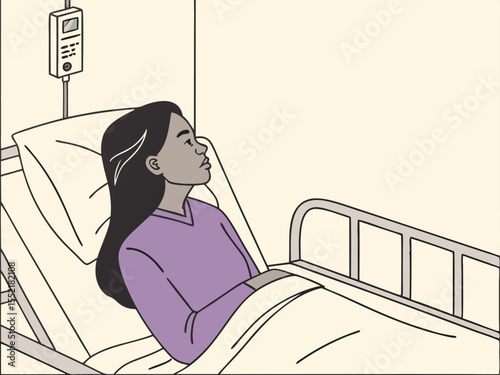 Hospital room illustration featuring young woman on white blanket with ventilator device nearby
