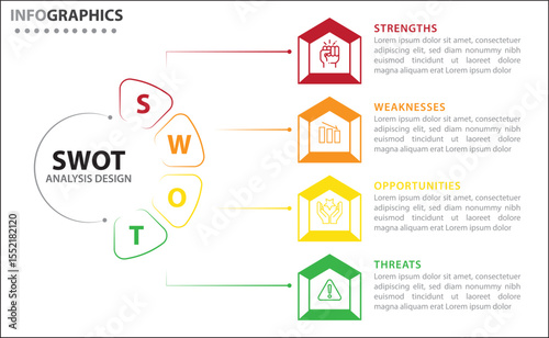 Clean and modern SWOT analysis infographic template. Editable design for presentations, business reports, or strategy plans. Highlights Strengths, Weaknesses, Opportunities, and Threats clearly.