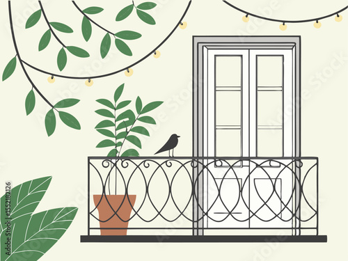 Minimalist balcony scene with potted plants bird and wrought iron railing in daylight