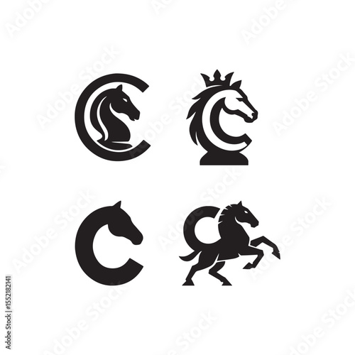 Four horse logo designs with letter c integration in black and white illustration