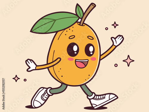 Happy kumquat fruit character with playful expression tongue out and sparkling peach background