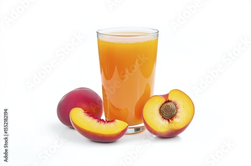 Fresh peach juice with whole and sliced peaches on white background