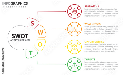 Clean and modern SWOT analysis infographic template. Editable design for presentations, business reports, or strategy plans. Highlights Strengths, Weaknesses, Opportunities, and Threats clearly.