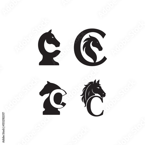 Four horse head logos integrated with the letter c in black and white minimalist style
