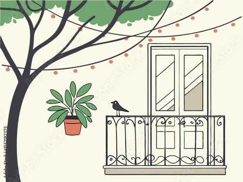 Flat design outdoor balcony scene with potted plants string lights and bright window
