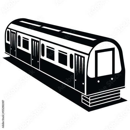 Black and White Subway Train Illustration with Doors, Windows, and Shadow Effect