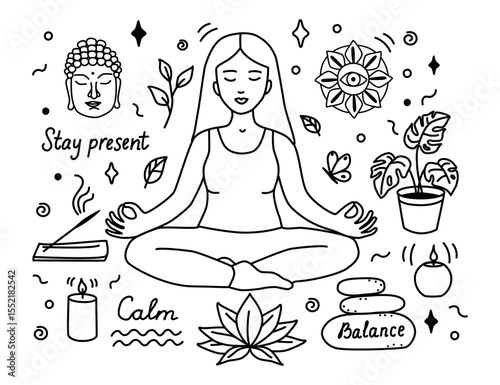 A detailed black outline vector doodle set for meditation and mindfulness. Features a meditating person, Buddha, lotus, and wellness elements. Ideal for spiritual content, health apps, and yoga studio