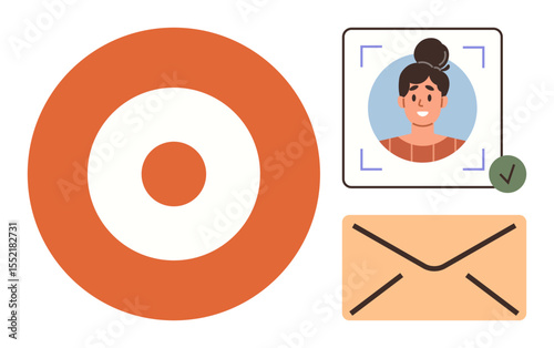 Red target sign, verified profile with a tick mark, and an envelope symbolizing goal setting, verified identity, and direct messaging. Ideal for marketing, security, networking, business