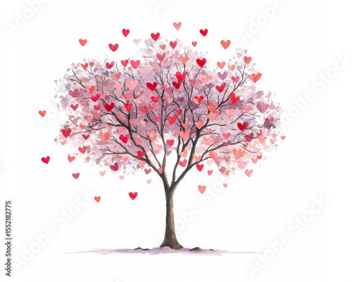 Watercolor heart-shaped blossom tree with pink and red leaves and falling hearts on a white background
