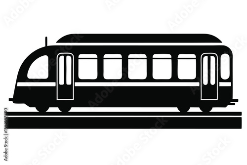Graphic Illustration of a Black Train with Multiple Windows and Doors on Rails
