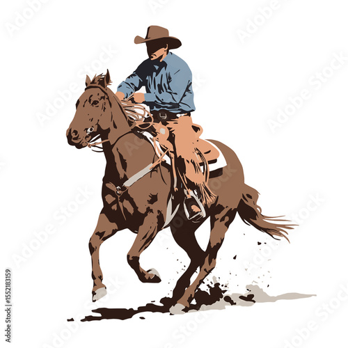 Vector Illustration of Saddle Bronc rodeo horse with riding cowboy Isolated with dust coming off