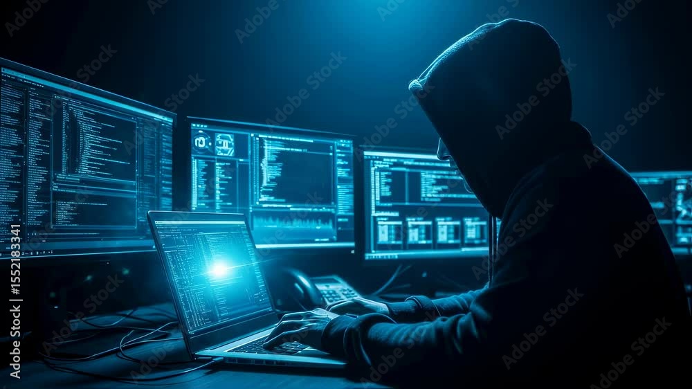 Hacker man with hoodie working on laptop and multiple computer screens with data code and digital interface. Cybercrime and security footage.