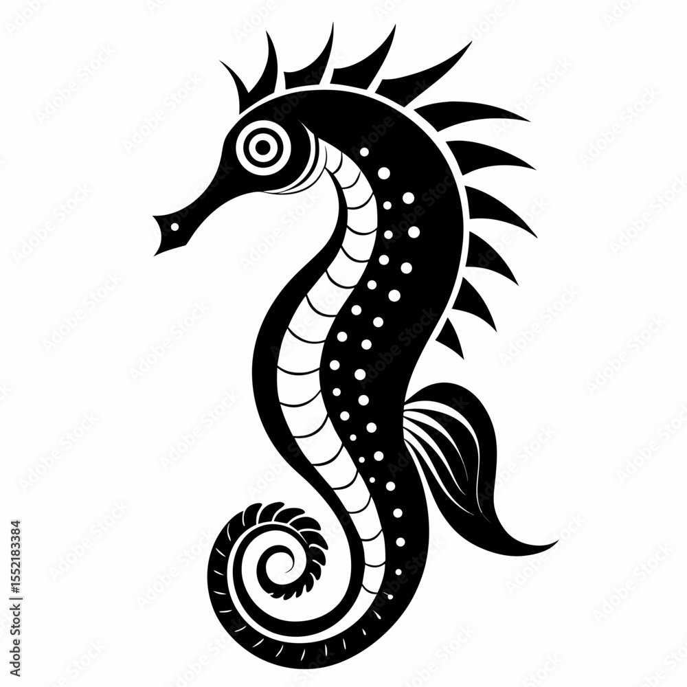 Obraz premium Stylized black seahorse silhouette with white dots and a curled tail