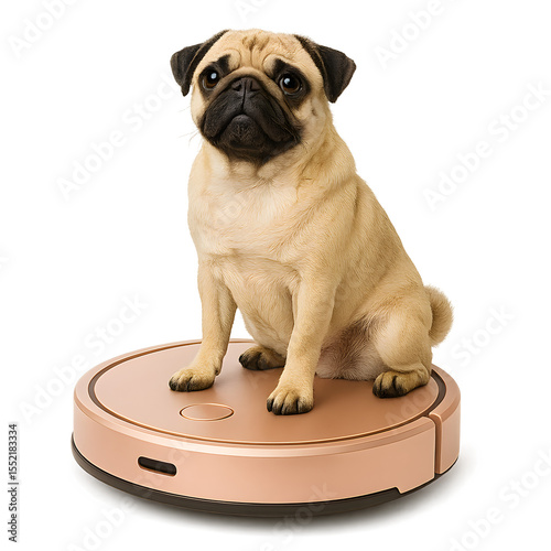 Cute pug dog sitting on rose-gold robot vacuum cleaner – isolated on white background