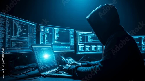 Hacker man with hoodie working on laptop and multiple computer screens with data code and digital interface. Cybercrime and security footage.