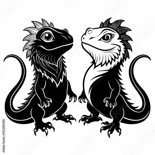 Two stylized lizards facing each other with detailed scales and crests