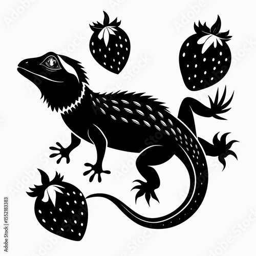 Black silhouette of a lizard with strawberries on a white background