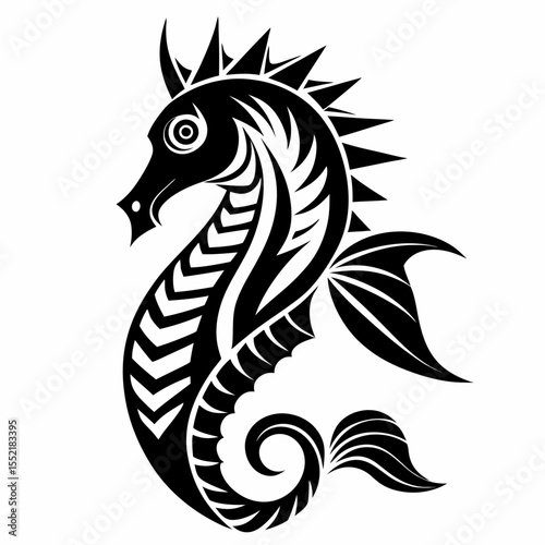 Tribal style black seahorse silhouette with decorative patterns and spiked mane