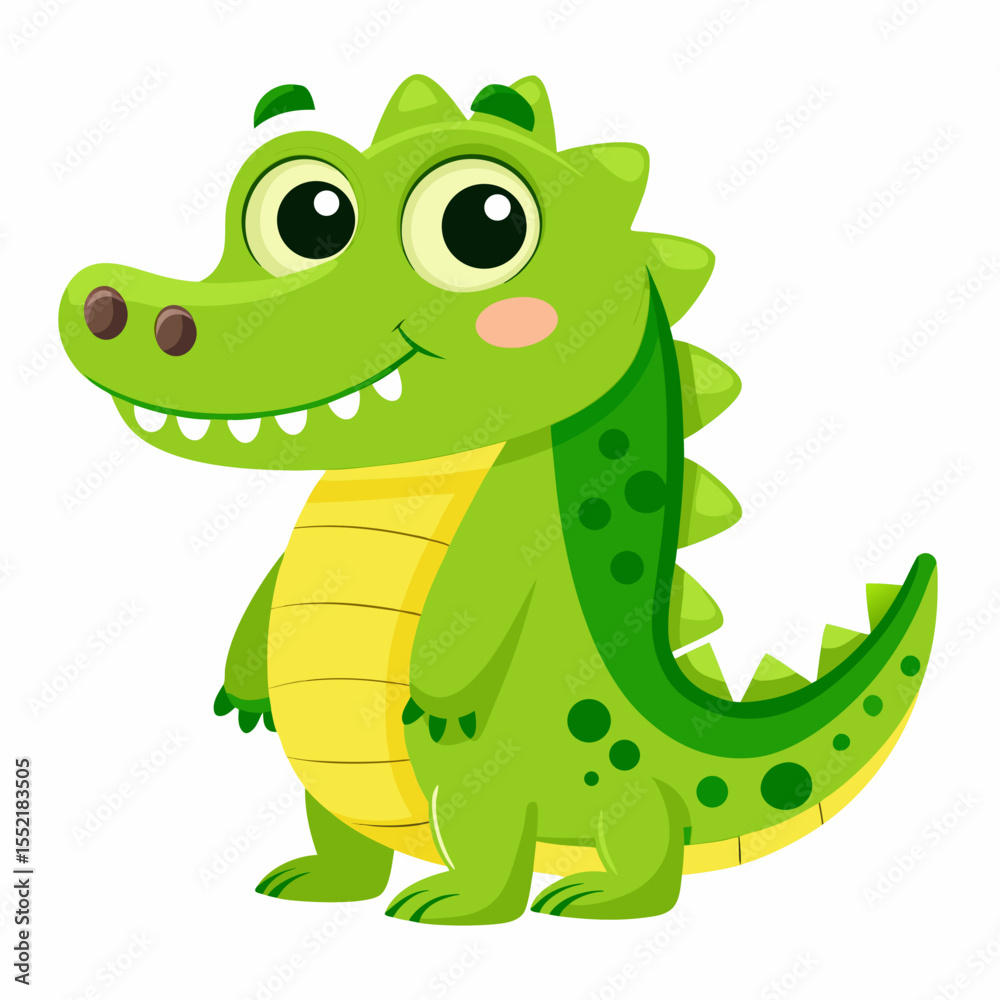 Obraz premium Cute cartoon green alligator with big eyes and a friendly smile